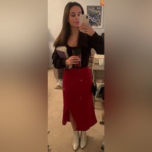 All Time Favorite Wine Red Satin Faux Wrap Midi Skirt Lulus